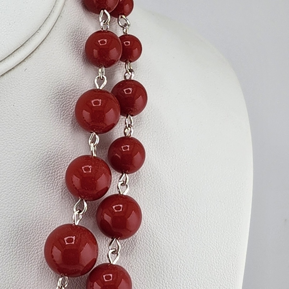 Red Graduated Double Strand Layered Necklace - Picture 5 of 6